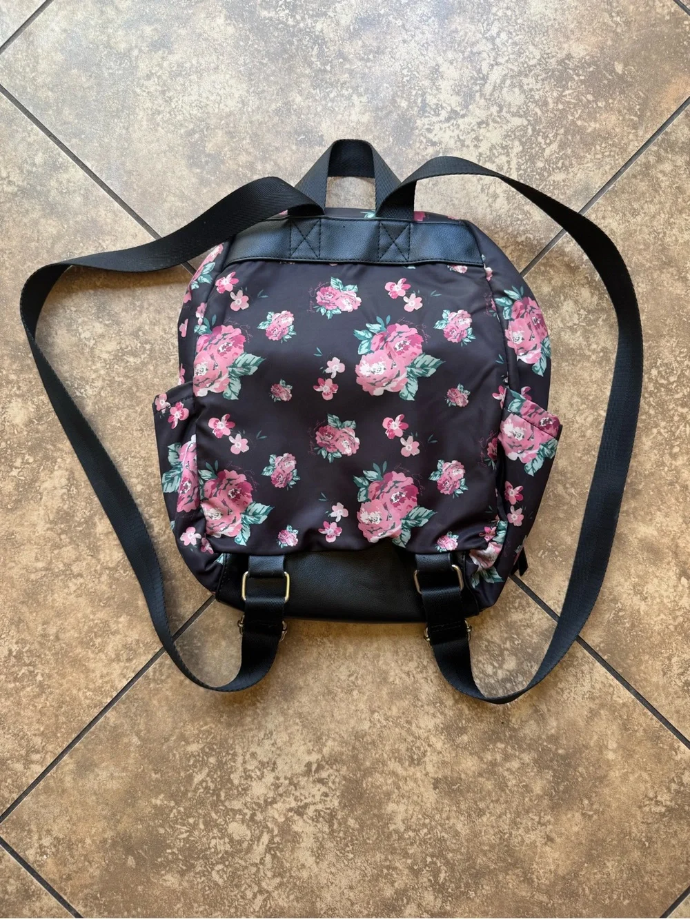 Vintage Y2K Juicy Couture Black Floral Backpack - Pink Rose Print